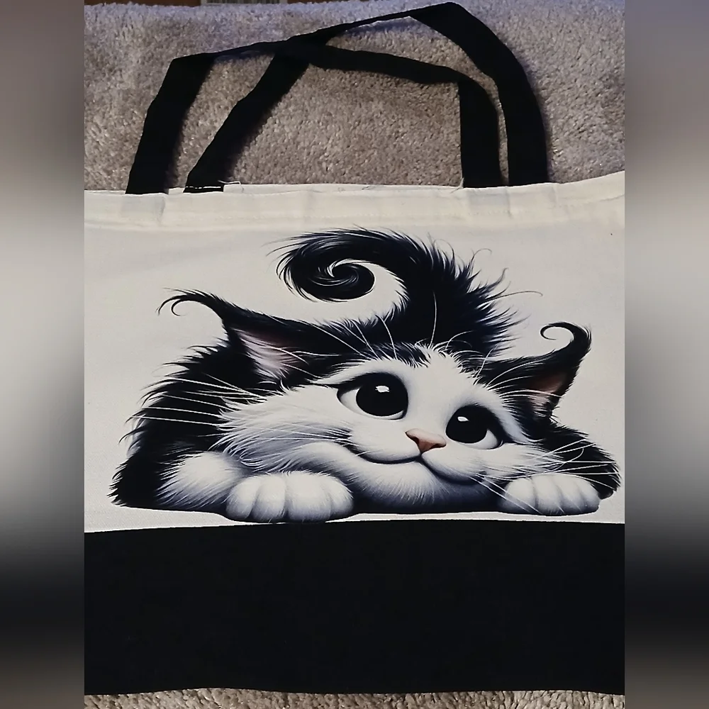Cute Cat Tote Bag - Black and White With Zipper.